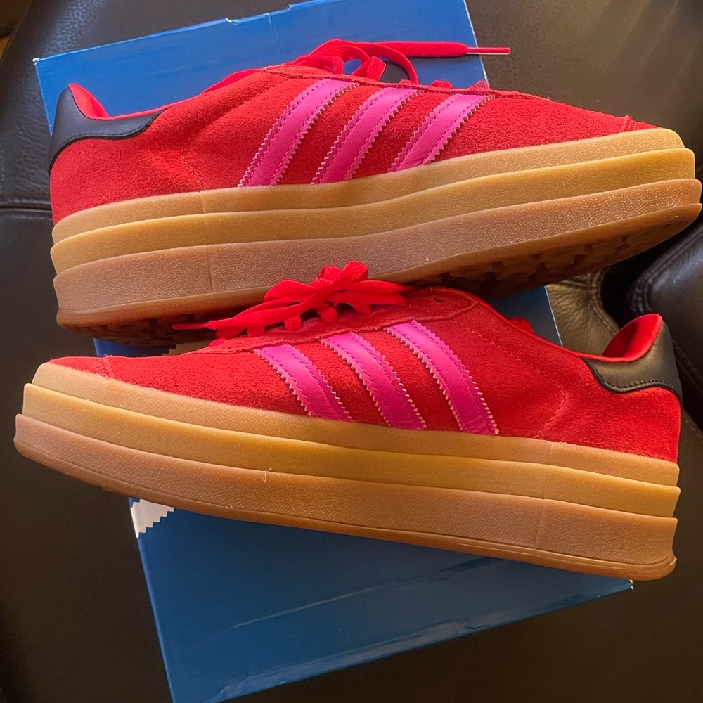 Adidas Gazelle Bold,Brand New, Size 7 Red Suede Sneakers with Pink Stripes - Picture 5 of 7